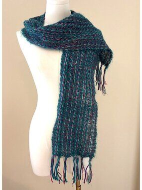 Handmade Open Weave Ribbon Scarf Boho 8X66" Teal Fringe Colorful Boho Hippie